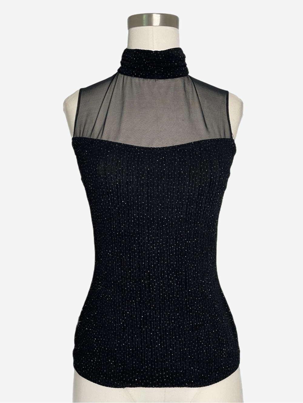 Vintage 90s Onyx Nite Black glitter mock neck sheer mesh sleeveless top party S